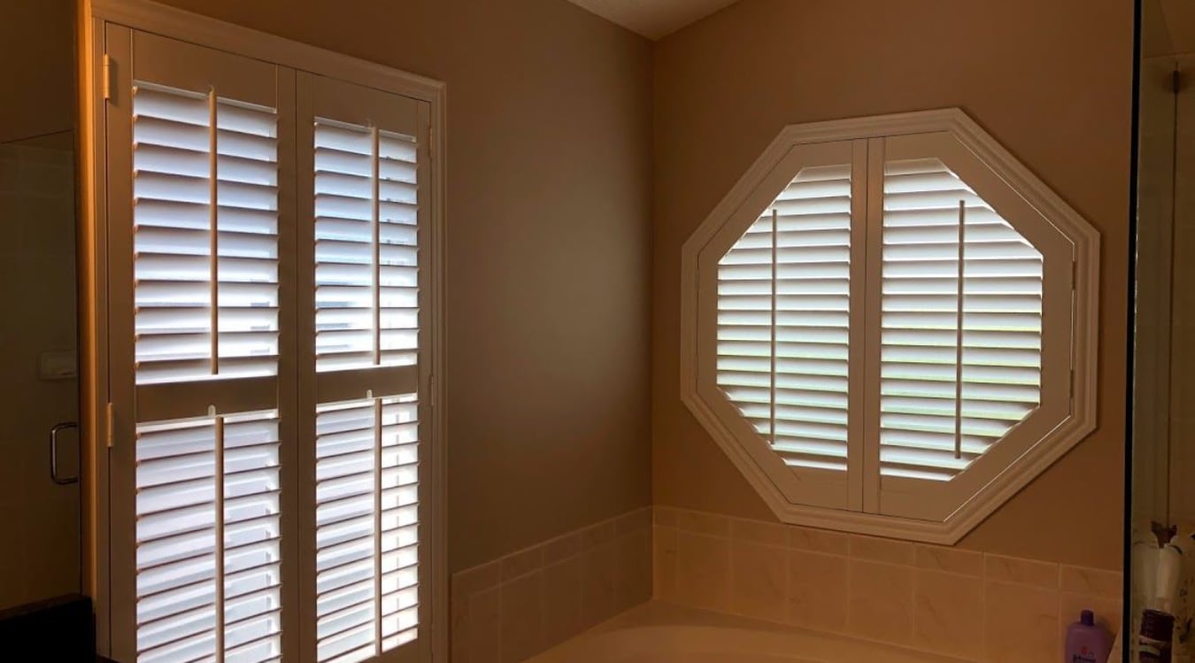 Octagon window treatments Octagon window in a Chicago bathroom